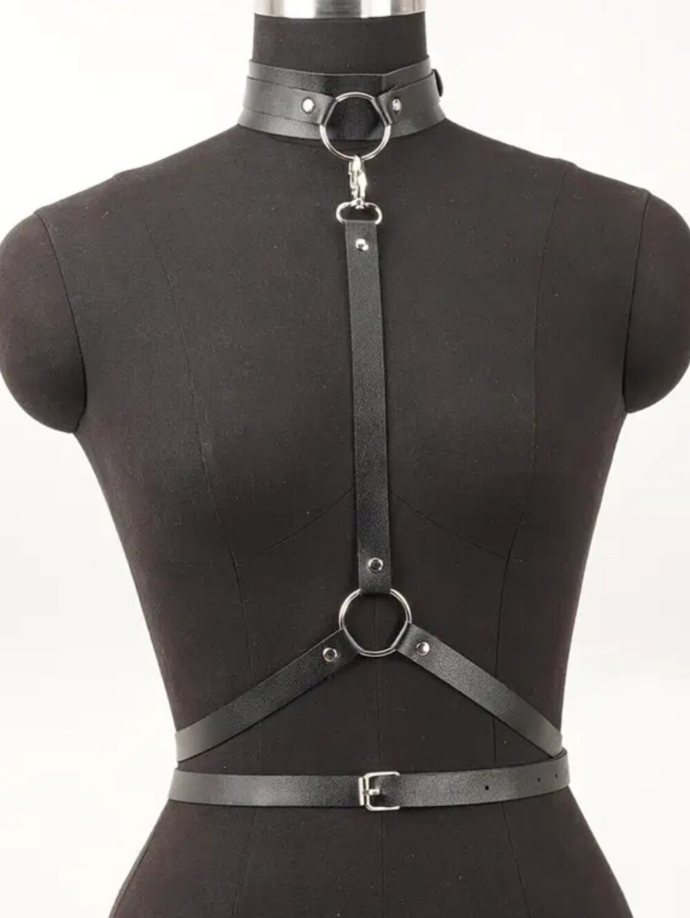 BDSM Bondage Body Harness Collar - Waist Black PU Leather W/Large Silver O-rings